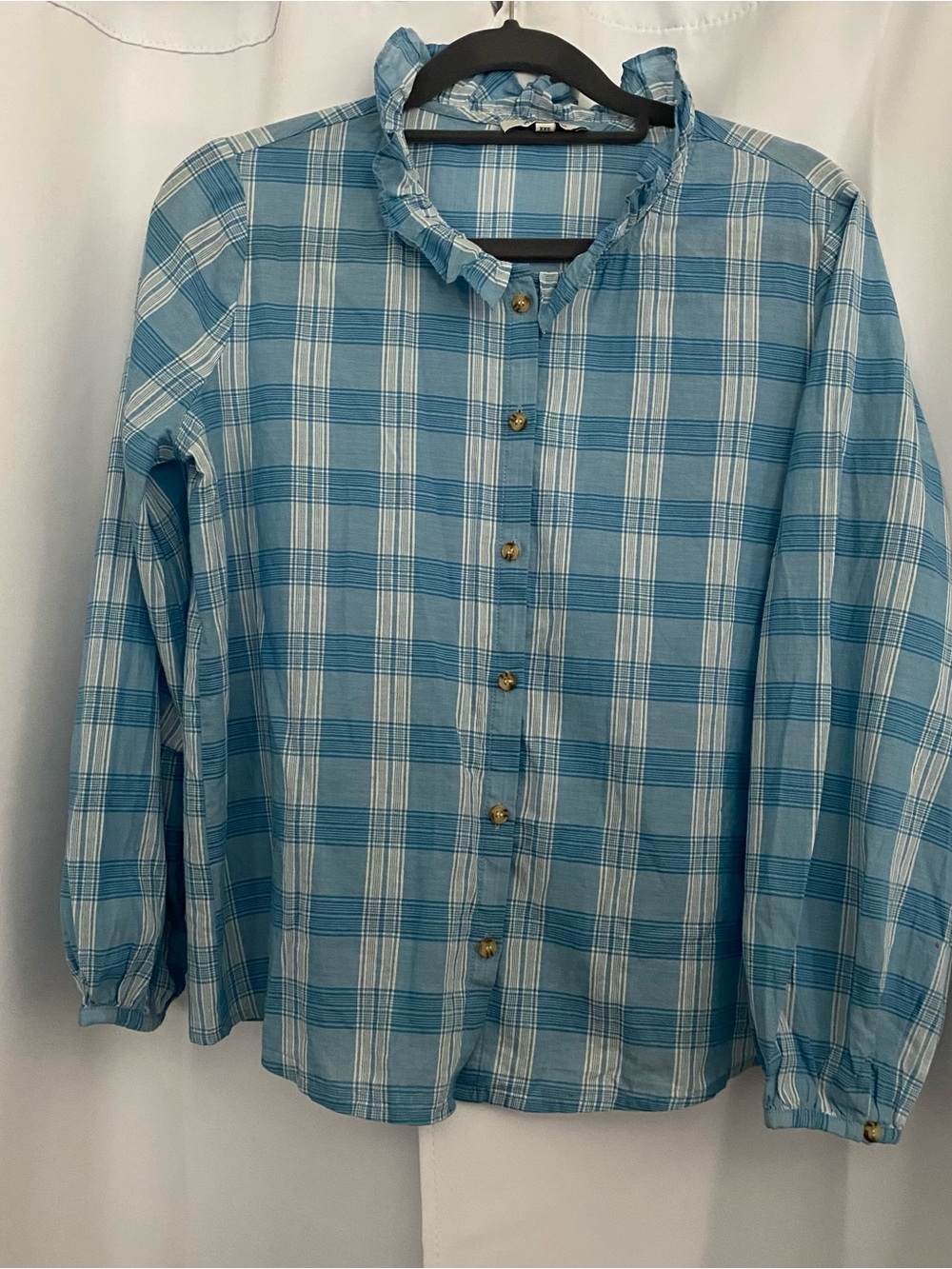 Madewell Light Blue Plaid Button-Down Shirt with Ruffle Collar XXS western boho